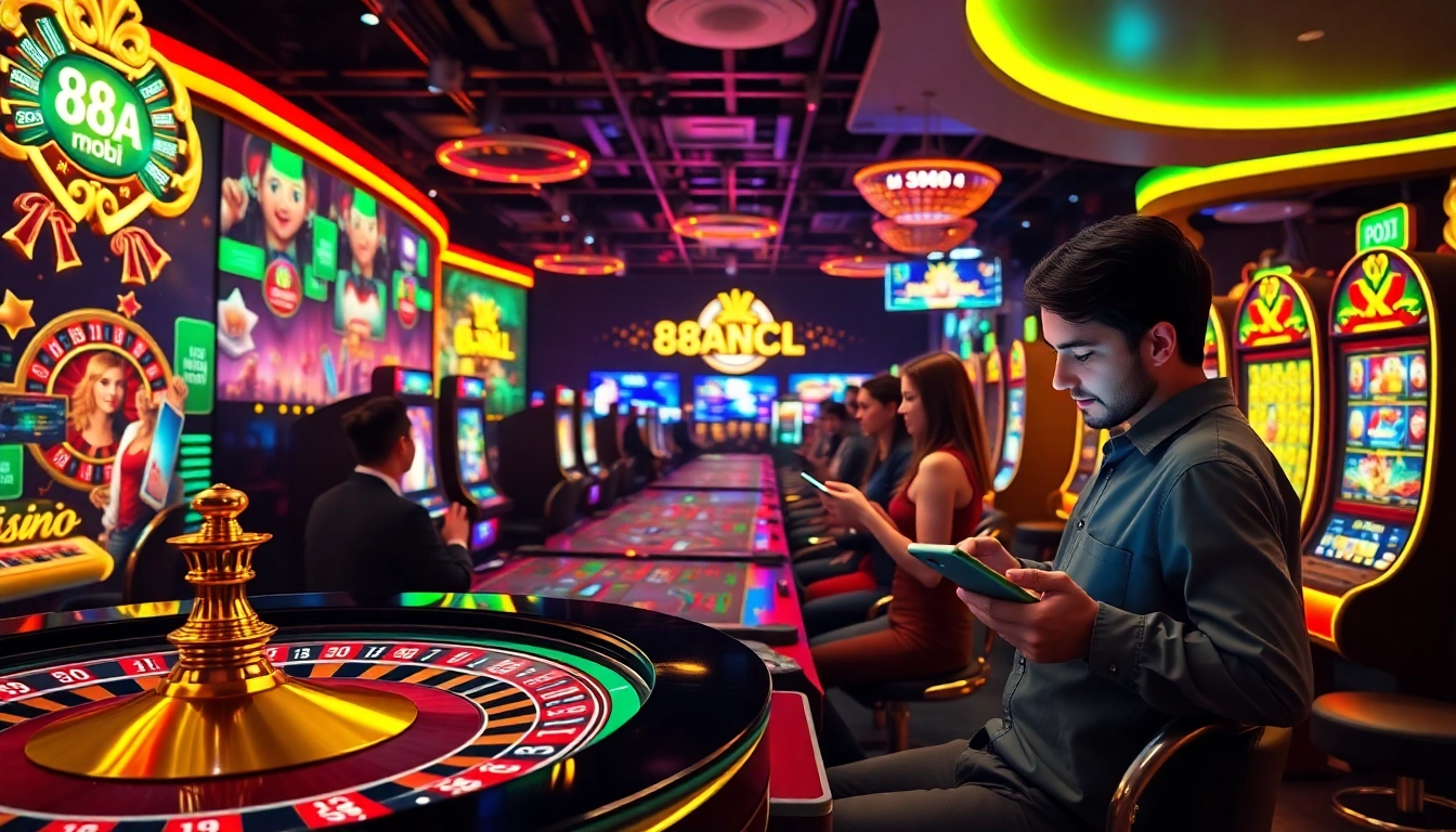 Players enjoying the thrill of online gambling at 88aa mobi with roulette wheels and poker chips.