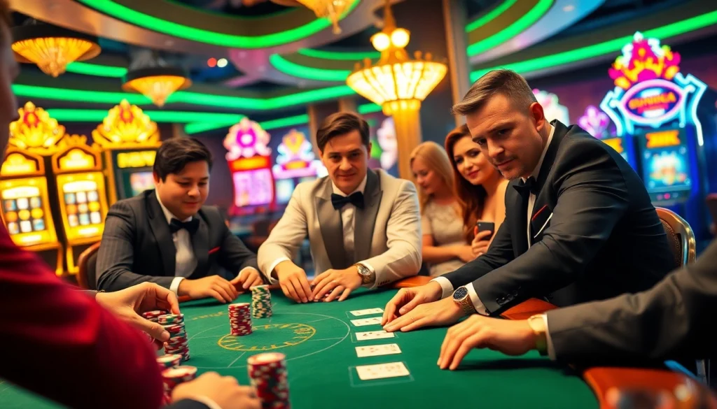 Experience the thrill of high-stakes poker as players engage with "bet vip" at a luxurious casino table surrounded by vibrant slot machines and rich decor.