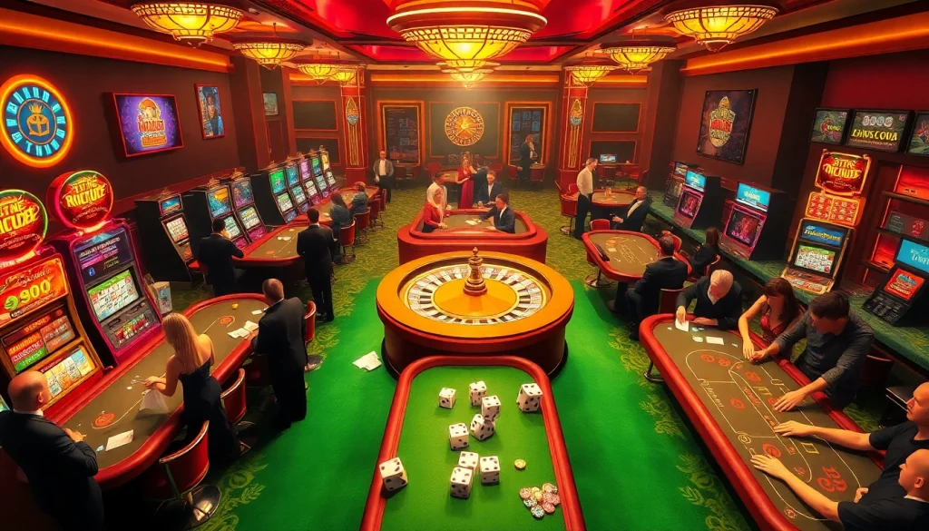 Experience the excitement at HITCLUB as players roll dice and spin roulette wheels in a lively casino setting.