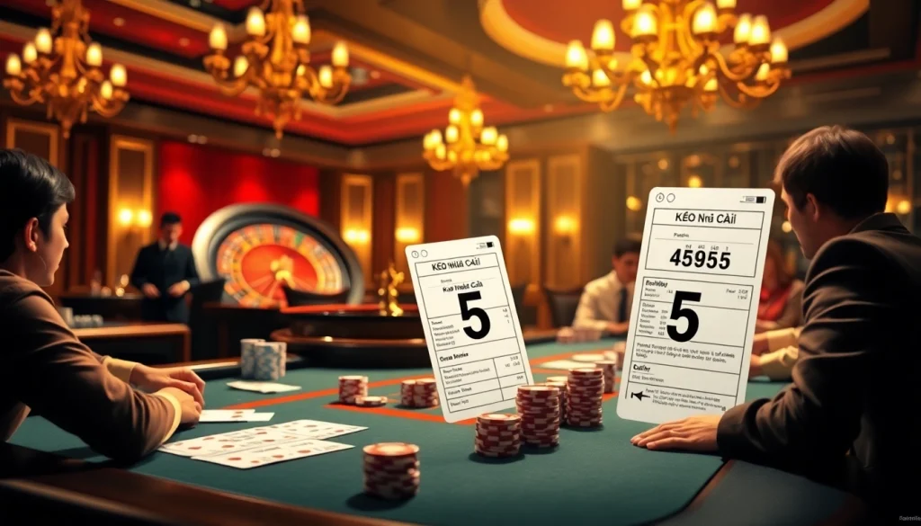 Kèo Nhà Cái 5 showcased in an engaging casino scene featuring high-stakes poker and a vibrant roulette wheel.