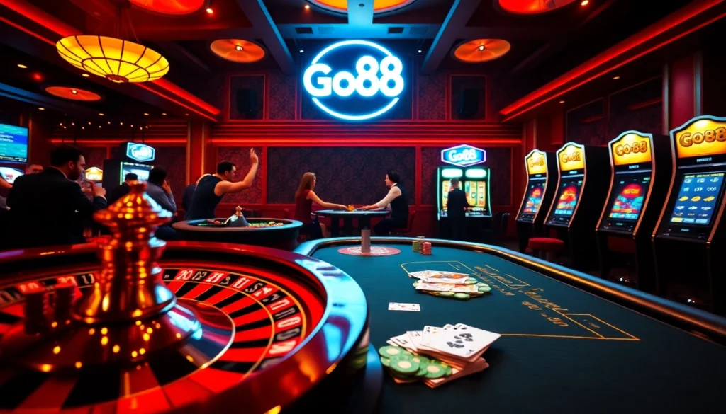 Experience the excitement at Go88 with players enjoying roulette and poker games in a vibrant casino atmosphere.